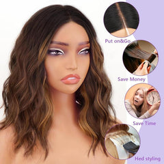 KooKaStyle 14 & 18 Inch Brown Highlight Wigs for Women, Shoulder Length Wavy Synthetic Wig with Pre-Cut Lace Hairline, Middle Part Bob