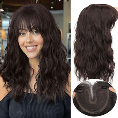 KooKaStyle Curly Wave Hair Topper with Bangs | 18 Inch Synthetic Invisible Hairpiece for Women