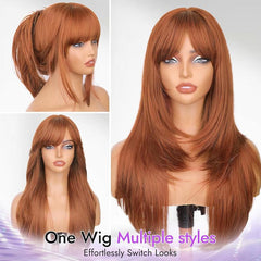 KooKaStyle Long Ginger Wig with Bangs | 4x4 Realistic Scalp, Free Parting Layered Synthetic Heat-Resistant Wig 26 Inch