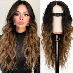 KooKaStyle Long Wavy Black Wig for Women, 26 Inch Synthetic Lace Front Heat Resistant Wig with Middle Part for Daily & Party Wear