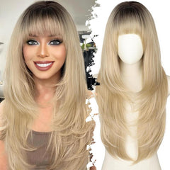 KooKaStyle Long Ginger Wig with Bangs | 4x4 Realistic Scalp, Free Parting Layered Synthetic Heat-Resistant Wig 26 Inch