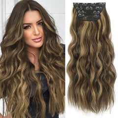 KooKaStyle Clip in Synthetic Hair Extensions Long Wavy 4PCS Double Weft Thick Hairpieces for Women
