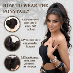 KooKaStyle 26 Inch Wavy Dark Brown Ponytail Extension, Synthetic Clip-In Drawstring Hairpiece for Women, Natural Body Wave Daily Wear