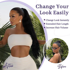 KooKaStyle Long Straight Drawstring Ponytail Extension 32 Inch Black Synthetic Heat Resistant Hairpiece