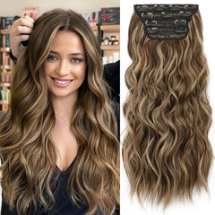 KooKaStyle Clip in Synthetic Hair Extensions Long Wavy 4PCS Double Weft Thick Hairpieces for Women