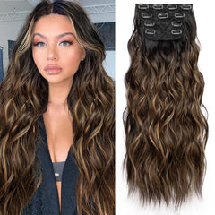 KooKaStyle Clip in Synthetic Hair Extensions Long Wavy 4PCS Double Weft Thick Hairpieces for Women