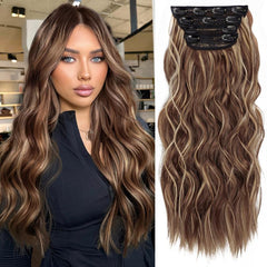 KooKaStyle Clip in Synthetic Hair Extensions Long Wavy 4PCS Double Weft Thick Hairpieces for Women
