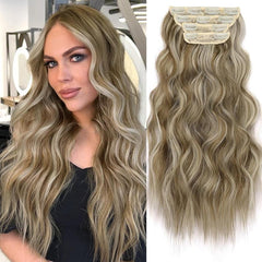 KooKaStyle Clip in Synthetic Hair Extensions Long Wavy 4PCS Double Weft Thick Hairpieces for Women