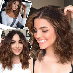 KooKaStyle 14 & 18 Inch Brown Highlight Wigs for Women, Shoulder Length Wavy Synthetic Wig with Pre-Cut Lace Hairline, Middle Part Bob