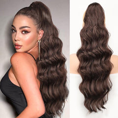 KooKaStyle 26 Inch Wavy Dark Brown Ponytail Extension, Synthetic Clip-In Drawstring Hairpiece for Women, Natural Body Wave Daily Wear