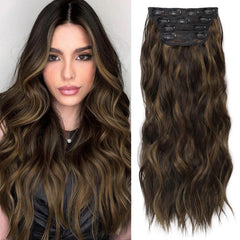 KooKaStyle Clip in Synthetic Hair Extensions Long Wavy 4PCS Double Weft Thick Hairpieces for Women
