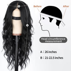 KooKaStyle Long Wavy Black Wig for Women, 26 Inch Synthetic Lace Front Heat Resistant Wig with Middle Part for Daily & Party Wear