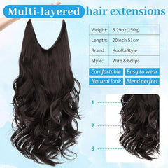 KooKaStyle 20 Inch Invisible Wire Hair Extensions, Long Wavy Layered Synthetic Hairpiece with 6 Clips & Adjustable Transparent Wire