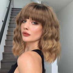 KooKaStyle Curly Bob Wig with Bangs, Short Wavy Synthetic Heat Resistant Wig for Women, Easy to Wear Bob Style Hairpiece