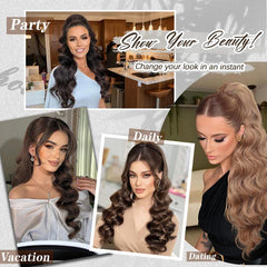 KooKaStyle 26 Inch Wavy Dark Brown Ponytail Extension, Synthetic Clip-In Drawstring Hairpiece for Women, Natural Body Wave Daily Wear