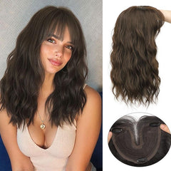 KooKaStyle Curly Wave Hair Topper with Bangs | 18 Inch Synthetic Invisible Hairpiece for Women