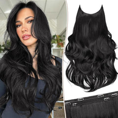 KooKaStyle 20 Inch Invisible Wire Hair Extensions, Long Wavy Layered Synthetic Hairpiece with 6 Clips & Adjustable Transparent Wire