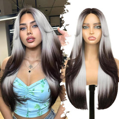 KooKaStyle Natural Black Glueless Wig | Pre-Cut Synthetic Lace Front, Long Layered Straight 26 Inch for Women