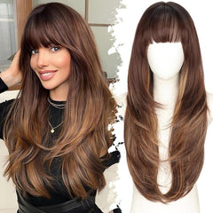 KooKaStyle Long Ginger Wig with Bangs | 4x4 Realistic Scalp, Free Parting Layered Synthetic Heat-Resistant Wig 26 Inch