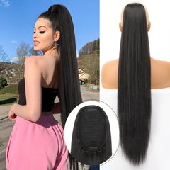 KooKaStyle Long Straight Drawstring Ponytail Extension 32 Inch Black Synthetic Heat Resistant Hairpiece