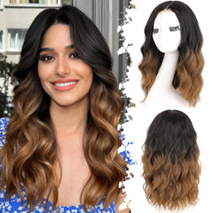 KooKaStyle 14 & 18 Inch Brown Highlight Wigs for Women, Shoulder Length Wavy Synthetic Wig with Pre-Cut Lace Hairline, Middle Part Bob