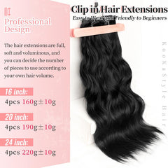 KooKaStyle Clip in Synthetic Hair Extensions Long Wavy 4PCS Double Weft Thick Hairpieces for Women