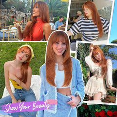 KooKaStyle Long Ginger Wig with Bangs | 4x4 Realistic Scalp, Free Parting Layered Synthetic Heat-Resistant Wig 26 Inch