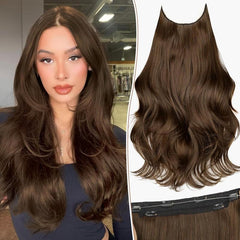 KooKaStyle 20 Inch Invisible Wire Hair Extensions, Long Wavy Layered Synthetic Hairpiece with 6 Clips & Adjustable Transparent Wire