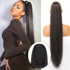 KooKaStyle Long Straight Drawstring Ponytail Extension 32 Inch Black Synthetic Heat Resistant Hairpiece