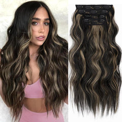 KooKaStyle Clip in Synthetic Hair Extensions Long Wavy 4PCS Double Weft Thick Hairpieces for Women