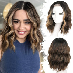 KooKaStyle 14 & 18 Inch Brown Highlight Wigs for Women, Shoulder Length Wavy Synthetic Wig with Pre-Cut Lace Hairline, Middle Part Bob