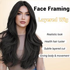 KooKaStyle Black Wig with Bangs | 24" Glueless Synthetic Lace Front Wig for Women, Pre-Plucked & Pre-Cut, Layered Highlight, Ready-to-Wear Middle Part