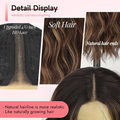 KooKaStyle 14 & 18 Inch Brown Highlight Wigs for Women, Shoulder Length Wavy Synthetic Wig with Pre-Cut Lace Hairline, Middle Part Bob
