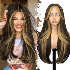 KooKaStyle Natural Black Glueless Wig | Pre-Cut Synthetic Lace Front, Long Layered Straight 26 Inch for Women