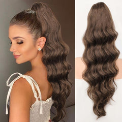 KooKaStyle 26 Inch Wavy Dark Brown Ponytail Extension, Synthetic Clip-In Drawstring Hairpiece for Women, Natural Body Wave Daily Wear