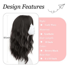 KooKaStyle Curly Wave Hair Topper with Bangs | 18 Inch Synthetic Invisible Hairpiece for Women