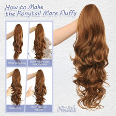 KooKaStyle 24 Inch Curly Wavy Ponytail Extension | Claw Clip Synthetic Hairpiece for Women, Natural Fluffy Pony Tail