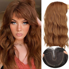 KooKaStyle Curly Wave Hair Topper with Bangs | 18 Inch Synthetic Invisible Hairpiece for Women