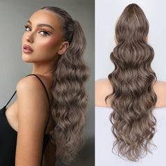 KooKaStyle 26 Inch Wavy Dark Brown Ponytail Extension, Synthetic Clip-In Drawstring Hairpiece for Women, Natural Body Wave Daily Wear