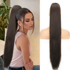 KooKaStyle Long Straight Drawstring Ponytail Extension 32 Inch Black Synthetic Heat Resistant Hairpiece
