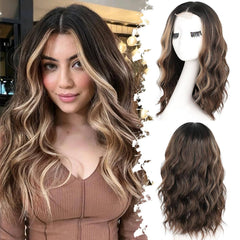 KooKaStyle 14 & 18 Inch Brown Highlight Wigs for Women, Shoulder Length Wavy Synthetic Wig with Pre-Cut Lace Hairline, Middle Part Bob
