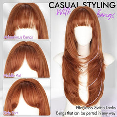 KooKaStyle Long Ginger Wig with Bangs | 4x4 Realistic Scalp, Free Parting Layered Synthetic Heat-Resistant Wig 26 Inch