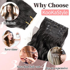 KooKaStyle Clip in Synthetic Hair Extensions Long Wavy 4PCS Double Weft Thick Hairpieces for Women