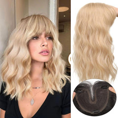 KooKaStyle Curly Wave Hair Topper with Bangs | 18 Inch Synthetic Invisible Hairpiece for Women
