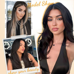 KooKaStyle Black Wig with Bangs | 24" Glueless Synthetic Lace Front Wig for Women, Pre-Plucked & Pre-Cut, Layered Highlight, Ready-to-Wear Middle Part