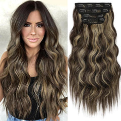 KooKaStyle Clip in Synthetic Hair Extensions Long Wavy 4PCS Double Weft Thick Hairpieces for Women