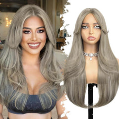 KooKaStyle Natural Black Glueless Wig | Pre-Cut Synthetic Lace Front, Long Layered Straight 26 Inch for Women