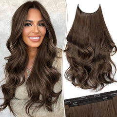 KooKaStyle 20 Inch Invisible Wire Hair Extensions, Long Wavy Layered Synthetic Hairpiece with 6 Clips & Adjustable Transparent Wire