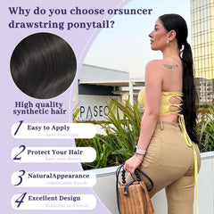 KooKaStyle Long Straight Drawstring Ponytail Extension 32 Inch Black Synthetic Heat Resistant Hairpiece