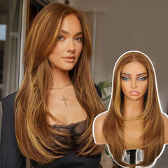 KooKaStyle Black Wig with Bangs | 24" Glueless Synthetic Lace Front Wig for Women, Pre-Plucked & Pre-Cut, Layered Highlight, Ready-to-Wear Middle Part